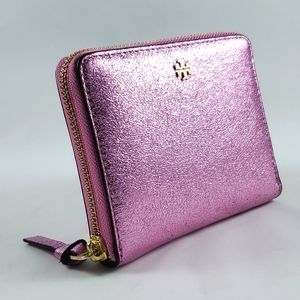 Tory Burch Pink Gold Crinkle Metallic  Medium Leather Wallet Style 34512